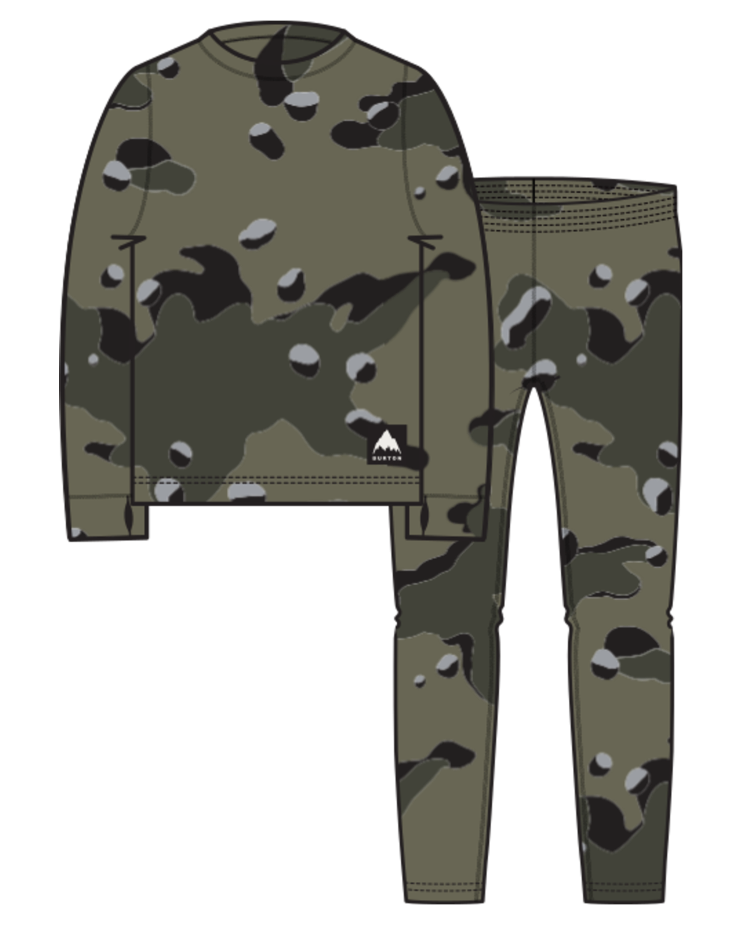 Burton Kids' Fleece Base Layer Set - Forest Moss Cookie Camo Thermals - Trojan Wake Ski Snow