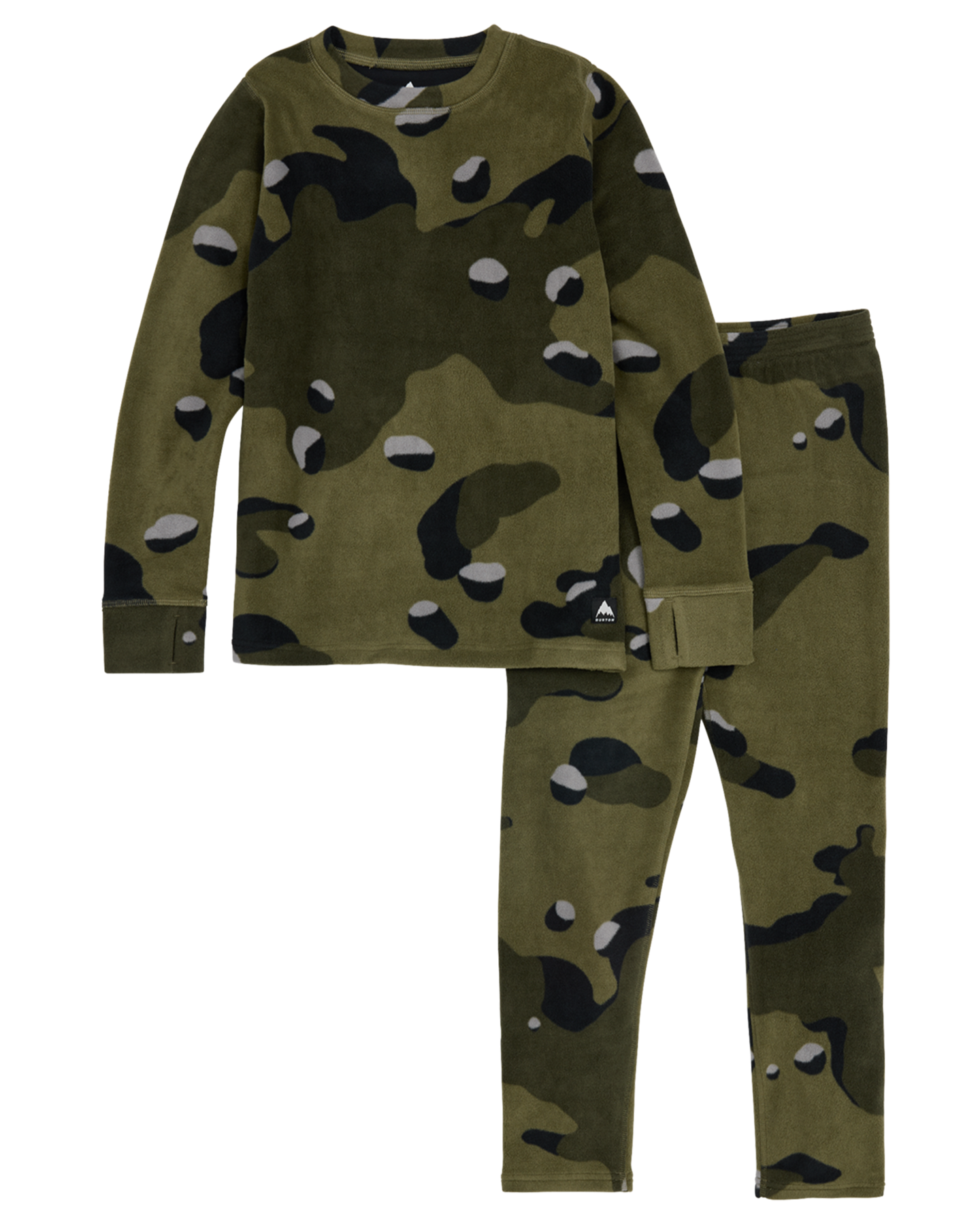 Burton Kids' Fleece Base Layer Set - Forest Moss Cookie Camo Thermals - Trojan Wake Ski Snow