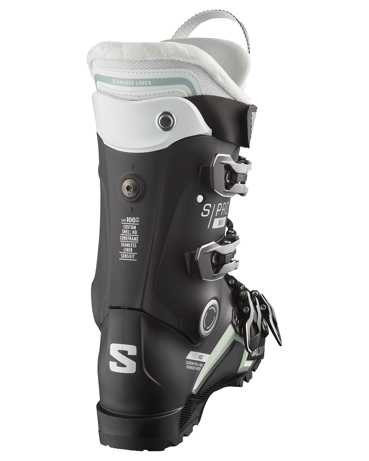 Salomon S/Pro Mv 80 Cs Women's Snow Boots - Black/White Moss/Silver Metallic Snow Ski Boots - Trojan Wake Ski Snow