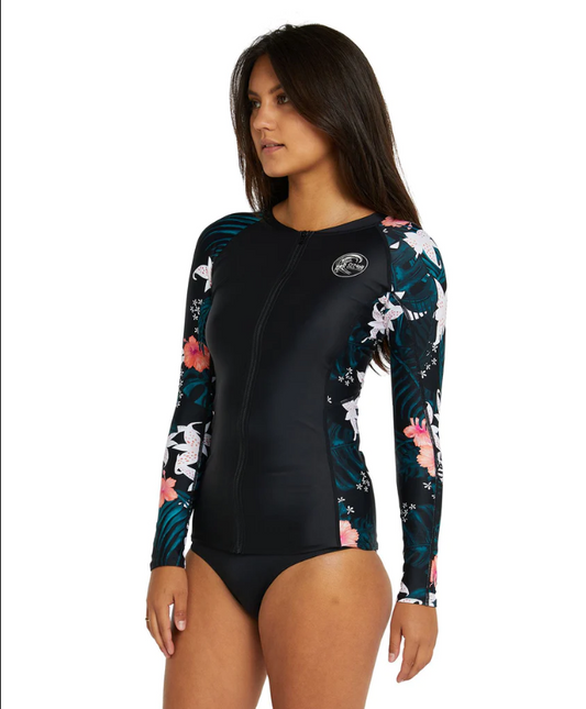 O'Neill Womens Bahia FZ LS Rash Vest - Blk/VV1/VV1 - 2023 Rashies - Womens - Trojan Wake Ski Snow